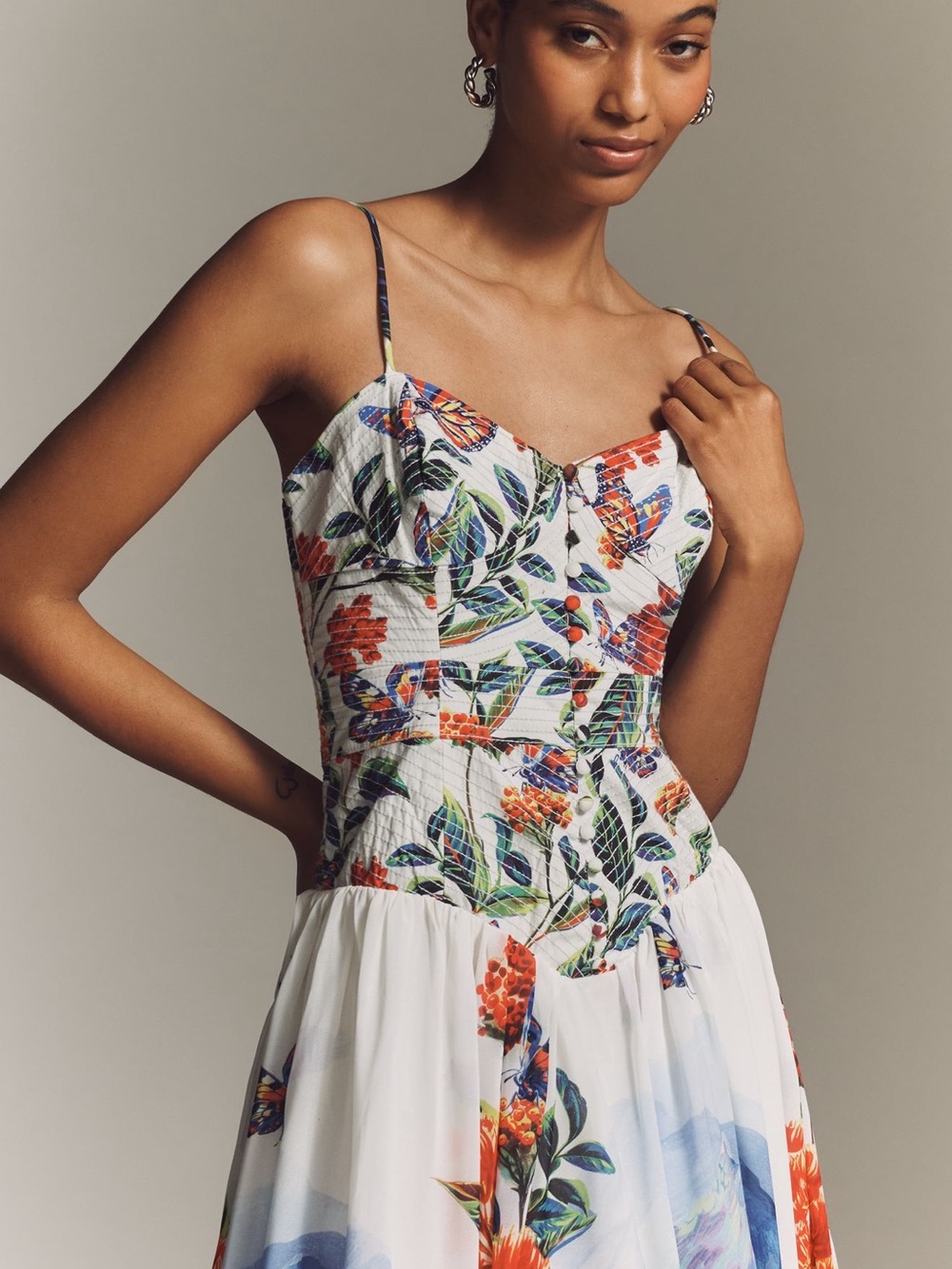 Anthropologie Muse Basque-Waist Midi Dress Ivory Floral Size Small NWT - Picture 2 of 11